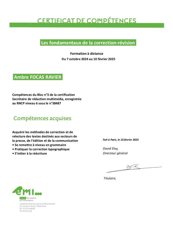 Certificat de compétences EMI